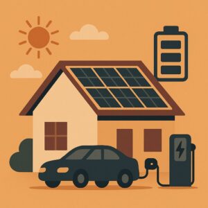 Stilisierte Solarpaneele auf einem Haus mit einer Ladesäule und einem E-Auto als Symbol für Energieautarkie